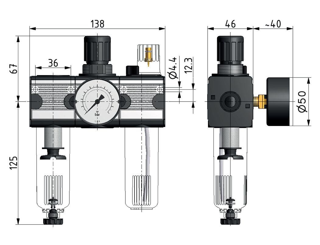 FRL 3 Partes G1/4'' 1200l/min 0.5-10.0bar/7-145psi Auto Metal Multifix 1