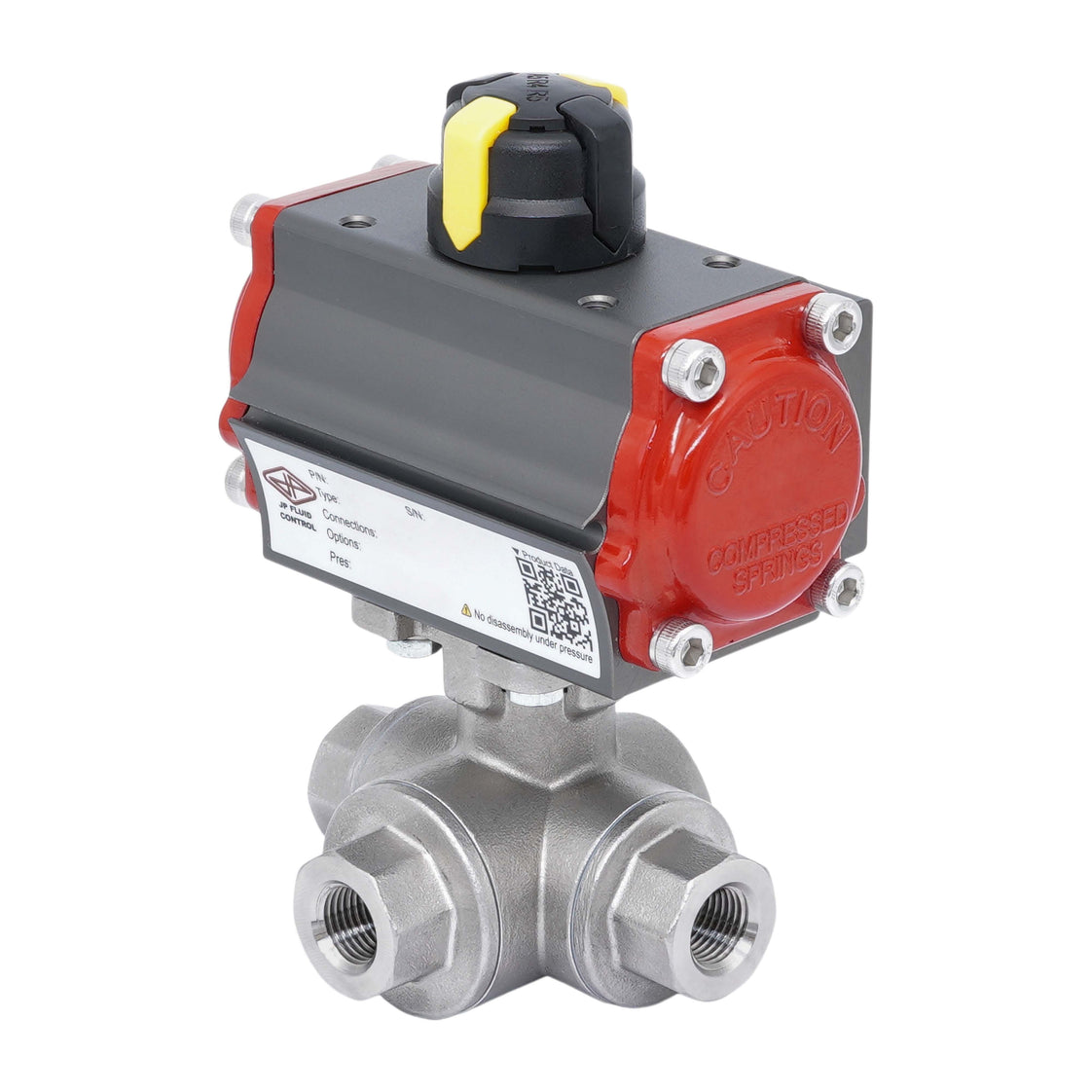 Válvula de Bola de Acero Inoxidable Neumática 3 Vías T-Port Rp 3/8'' Apertura por Resorte
