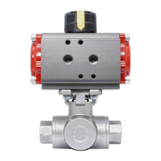 Válvula de Bola de Acero Inoxidable Neumática 3 Vías T-Port Rp 1 1/4'' Apertura por Resorte