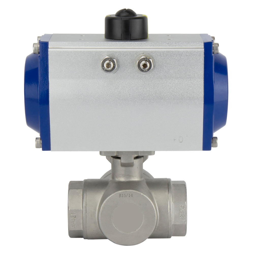 Válvula de bola neumática G1-1/2'' de 3 vías con puerto en T de acero inoxidable cerrada por resorte - BL3SA