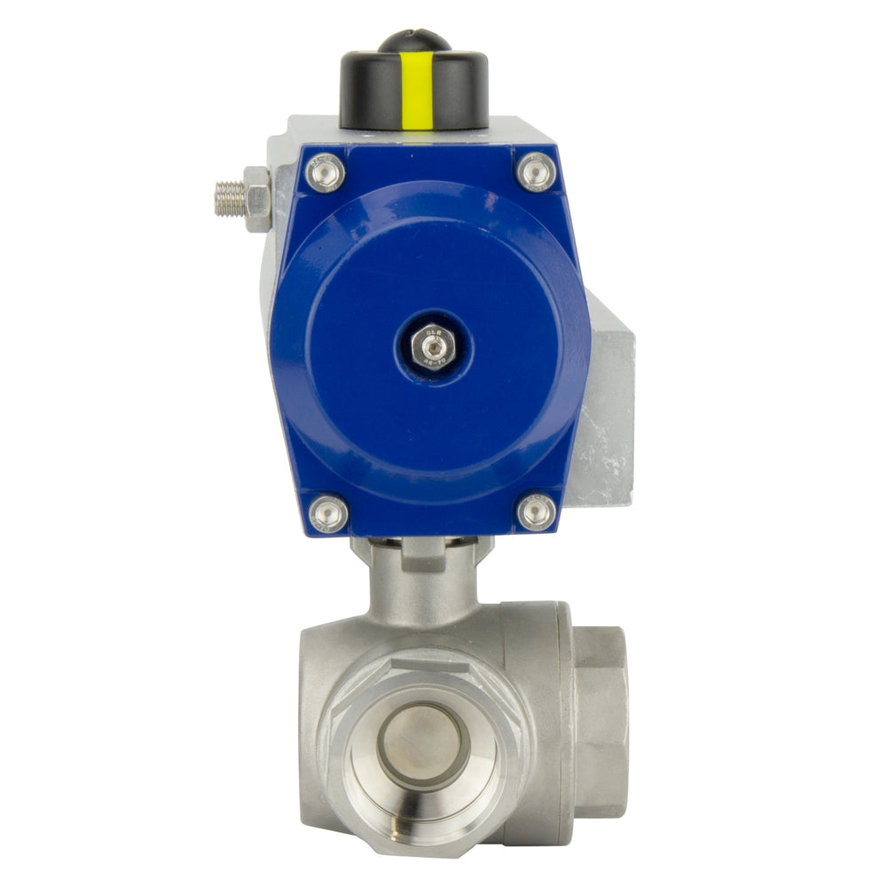 Válvula de bola neumática G1-1/2'' de 3 vías con puerto en T de acero inoxidable cerrada por resorte - BL3SA