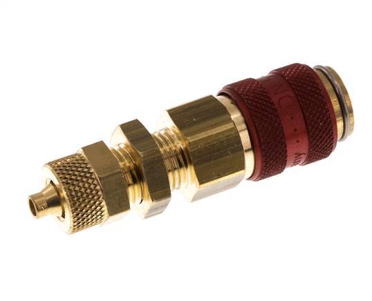 Latón DN 5 Rojo Acoplamiento de Aire Toma 4x6 mm Tuerca de Unión Pasamuros Doble Cierre