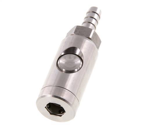 Enchufe de seguridad de acero inoxidable 316L DN 7,4 con botón pulsador Pilar para manguera de 9 mm