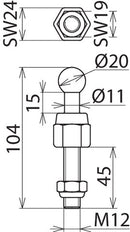 Punta de Bola Fija D 20mm Con Pasador Roscado Y Tuerca M12x45mm - 754238
