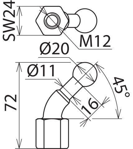 Punta esférica fija roscada M12 D 20 mm acodada 45 grados - 706200