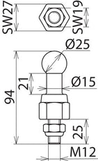 Punta esférica fija Dehn con perno roscado y tuerca M12x25mm - 755225