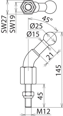 Punta esférica fija D25mm acodada 45 grados con perno roscado M12x4 - 756245
