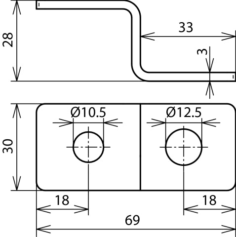 Pieza final en forma de Z de Dehn con 1 orificio cada D 10,5mm y D 12,5mm StSt - 390499 [2 piezas]