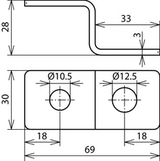 Pieza final en forma de Z de Dehn con 1 orificio cada D 10,5mm y D 12,5mm StSt - 390499 [2 piezas]