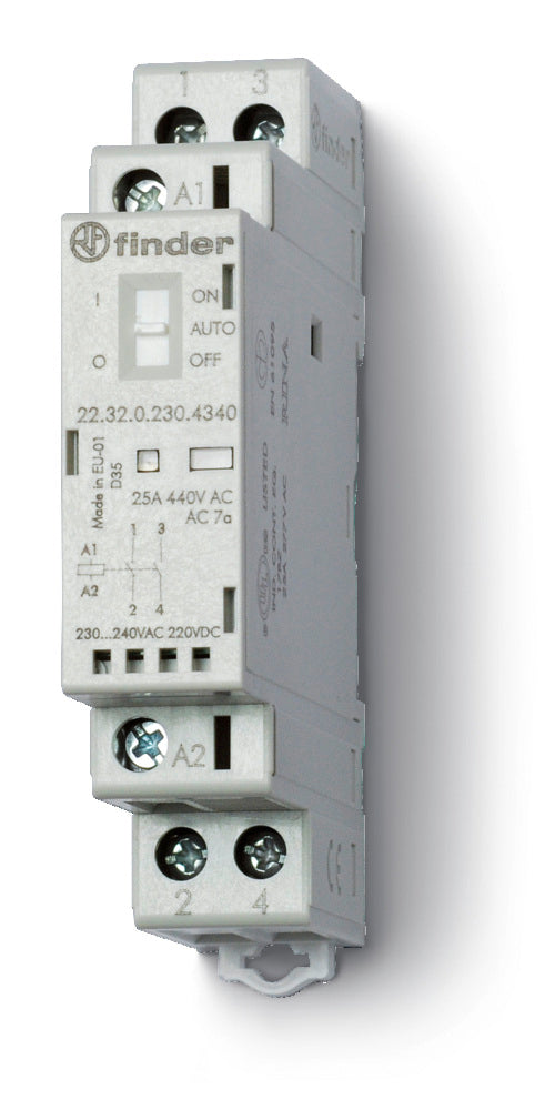 Finder 25A Contacto Modular 2NO 230V CA/CC Con LED - 22.32.0.230.4340