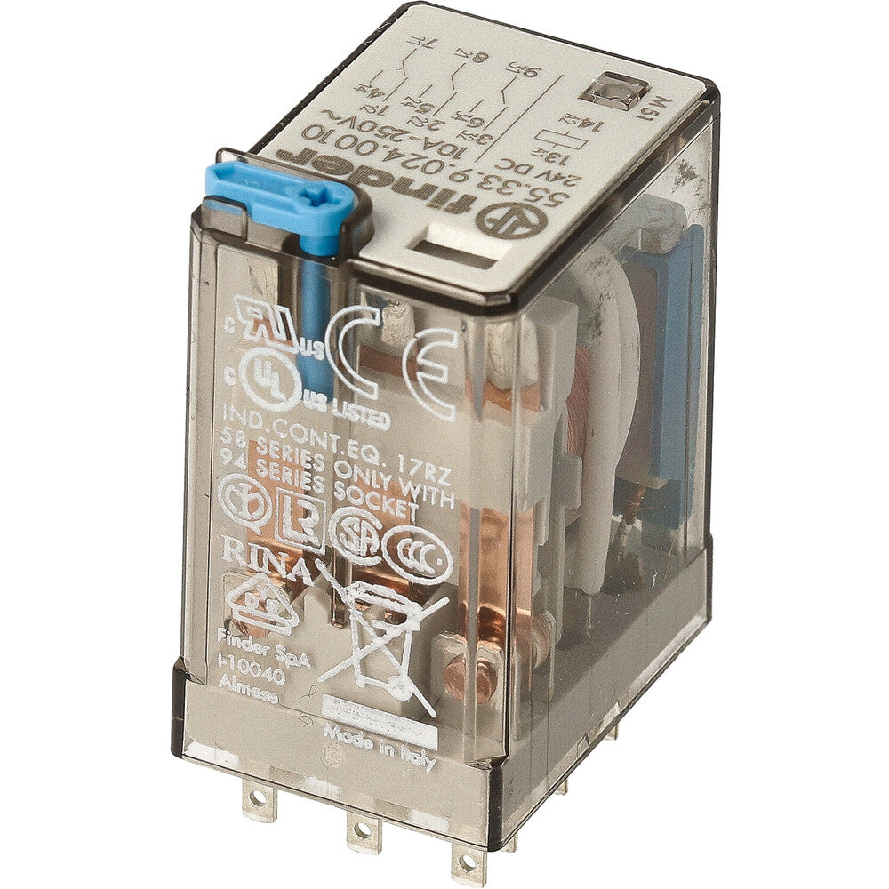 Finder 3CO Relé Industrial 24VDC 10A Con Pulsador De Prueba - 55.33.9.024.0010