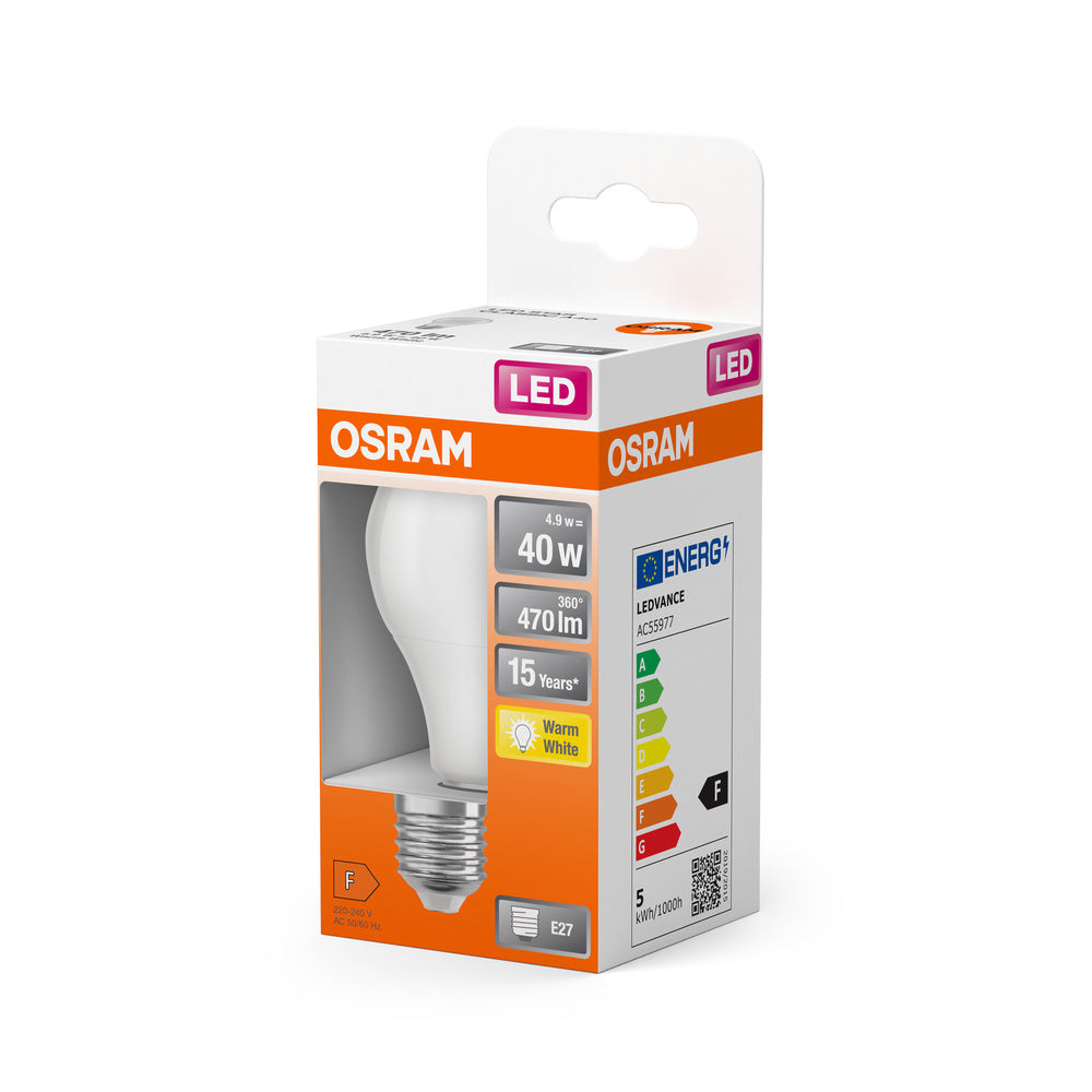 OSRAM LED Clásica A40 E27 4.9W 2700K Bombilla Esmerilada - 4058075127319 [2 Piezas]