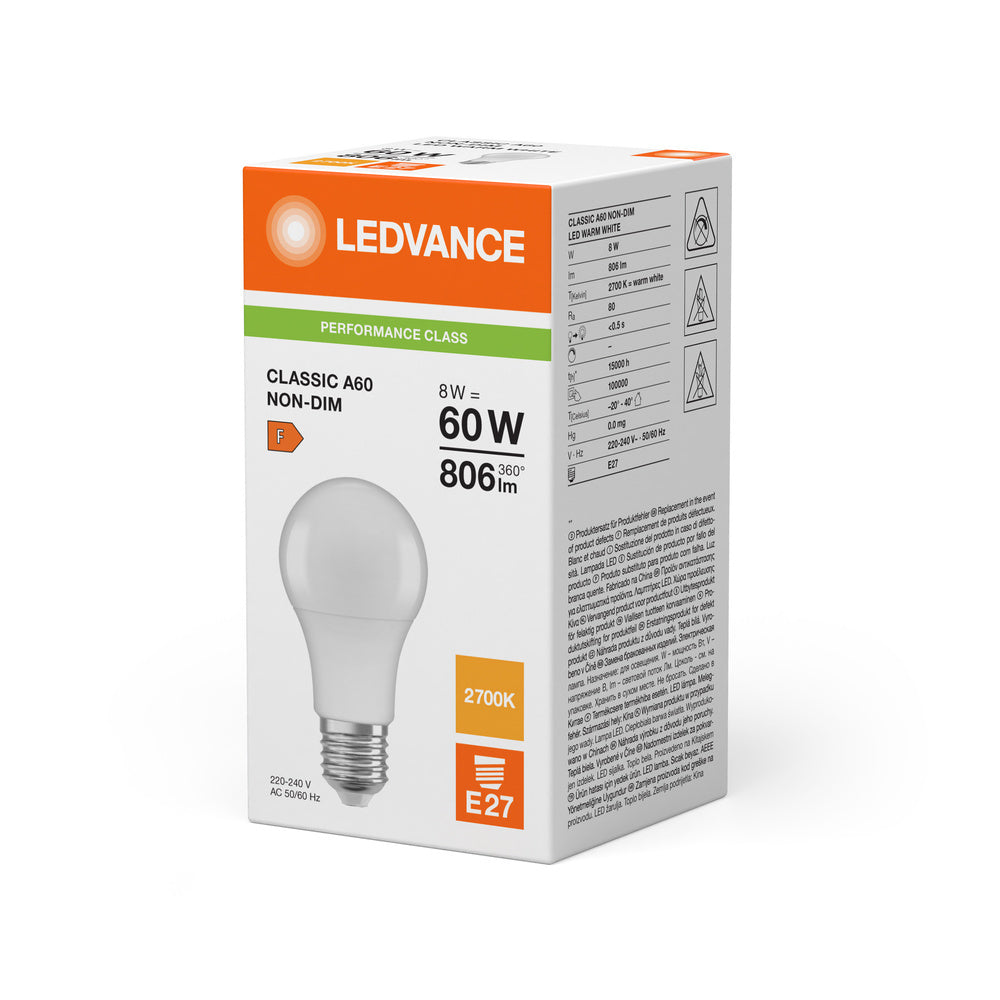LEDVANCE Classic A60 Bombilla LED 8.5W E27 2700K 806LM - 4099854049088 [2 Piezas]