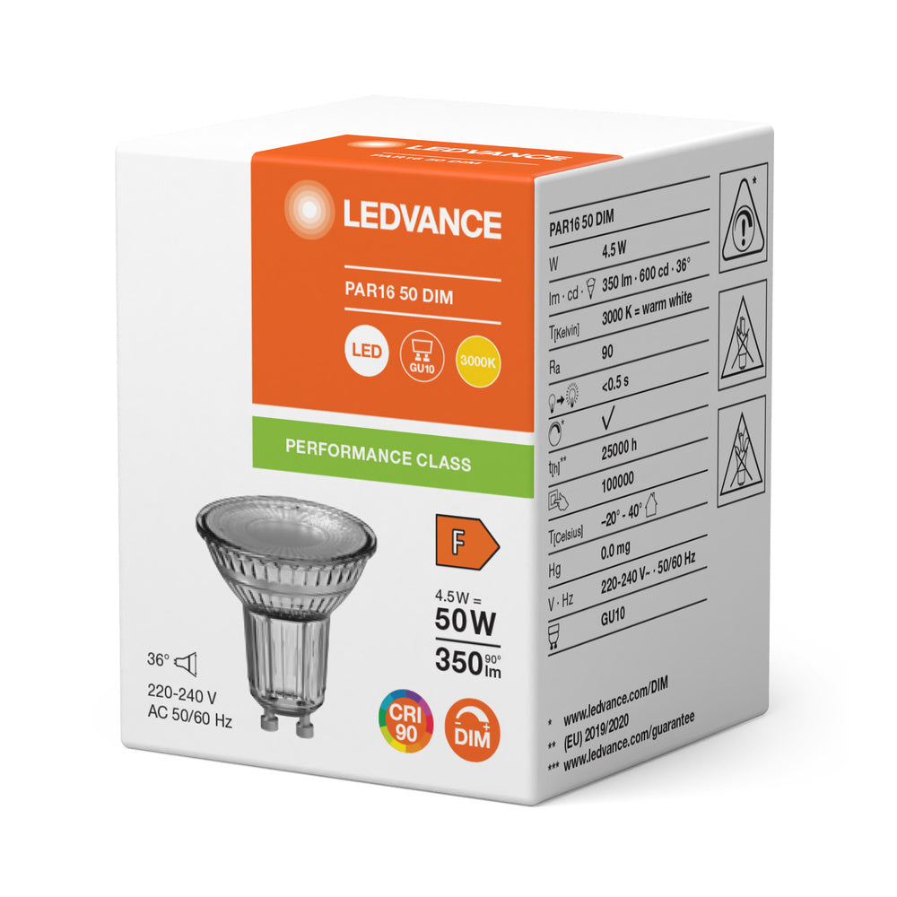 LEDVANCE Rendimiento PAR16 GU10 LED Spot 4.5W 930 - 4099854045462