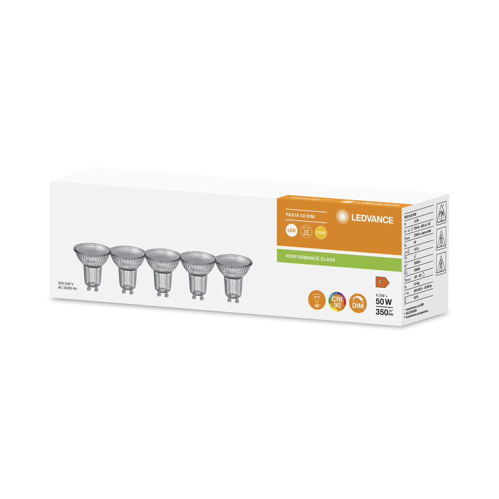LEDVANCE PAR16 GU10 Foco LED Regulable 4.5W 927 - 4099854044908 [5 Piezas]
