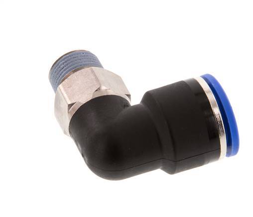 Racor a presión de 16mm x R3/8'' de 90 grados con rosca macho Latón/PA 66 NBR de manguito corto giratorio