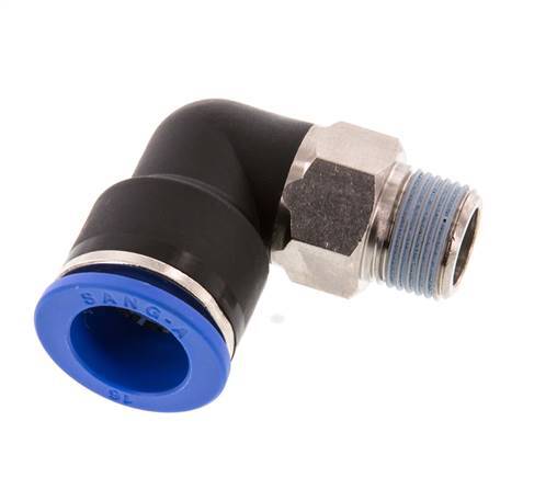 Racor a presión de 16mm x R3/8'' de 90 grados con rosca macho Latón/PA 66 NBR de manguito corto giratorio