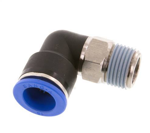 Racor a presión de 16mm x R1/2'' de 90 grados con rosca macho Latón/PA 66 NBR de manguito corto giratorio