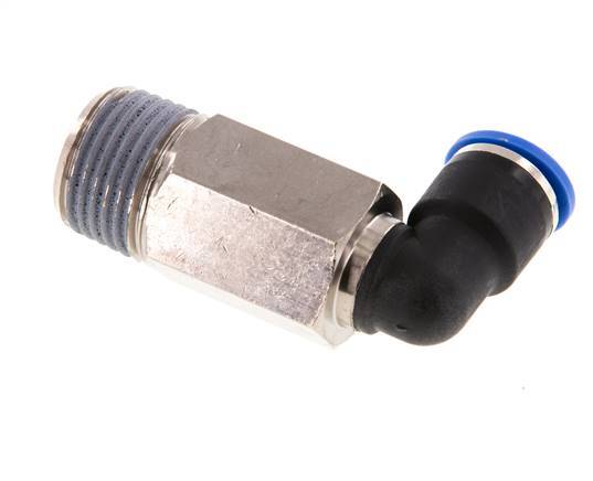 Racor rápido de 90 grados de 10 mm x R1/2'' con rosca macho Latón/PA 66 NBR de manguito largo giratorio