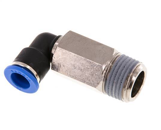 Racor rápido de 90 grados de 10 mm x R1/2'' con rosca macho Latón/PA 66 NBR de manguito largo giratorio