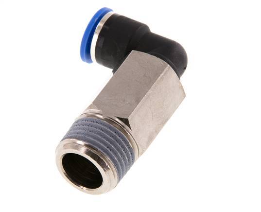 Racor rápido de 90 grados de 10 mm x R1/2'' con rosca macho Latón/PA 66 NBR de manguito largo giratorio