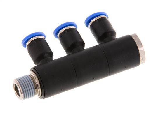 Racor rápido de 3 vías de 4 mm x R1/8'' con rosca macho Latón/PA 66 NBR Giratorio