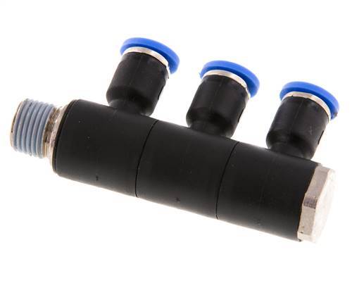 Racor rápido de 3 vías de 4 mm x R1/8'' con rosca macho Latón/PA 66 NBR Giratorio
