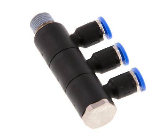 Racor rápido de 3 vías de 4 mm x R1/8'' con rosca macho Latón/PA 66 NBR Giratorio