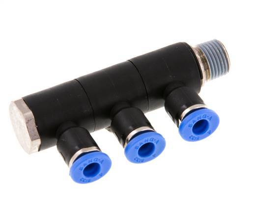 Racor rápido de 3 vías de 4 mm x R1/8'' con rosca macho Latón/PA 66 NBR Giratorio