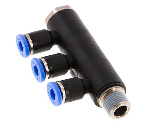 Racor rápido de 3 vías de 4 mm x R1/8'' con rosca macho Latón/PA 66 NBR Giratorio