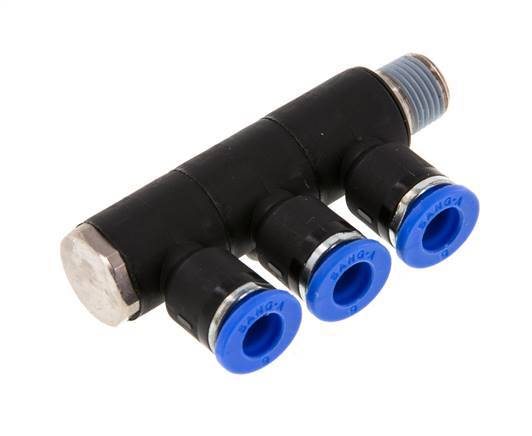 Racor rápido de 3 vías de 6 mm x R1/8'' con rosca macho Latón/PA 66 NBR Giratorio
