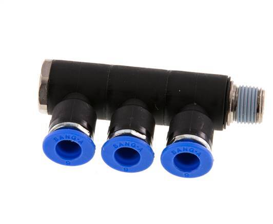 Racor rápido de 3 vías de 6 mm x R1/8'' con rosca macho Latón/PA 66 NBR Giratorio