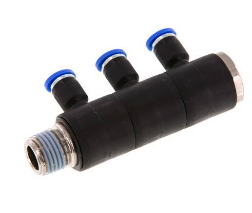 Racor rápido de 3 vías de 4 mm x R1/4'' con rosca macho Latón/PA 66 NBR Giratorio