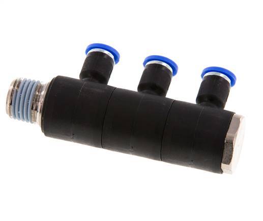 Racor rápido de 3 vías de 4 mm x R1/4'' con rosca macho Latón/PA 66 NBR Giratorio