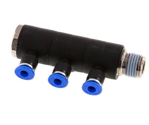 Racor rápido de 3 vías de 4 mm x R1/4'' con rosca macho Latón/PA 66 NBR Giratorio
