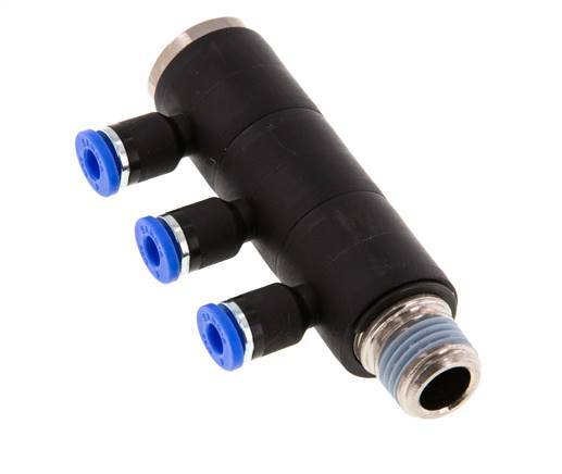 Racor rápido de 3 vías de 4 mm x R1/4'' con rosca macho Latón/PA 66 NBR Giratorio