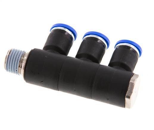 Racor rápido de 3 vías de 8 mm x R1/4'' con rosca macho Latón/PA 66 NBR Giratorio