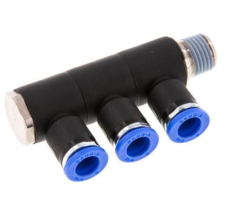 Racor rápido de 3 vías de 8 mm x R1/4'' con rosca macho Latón/PA 66 NBR Giratorio