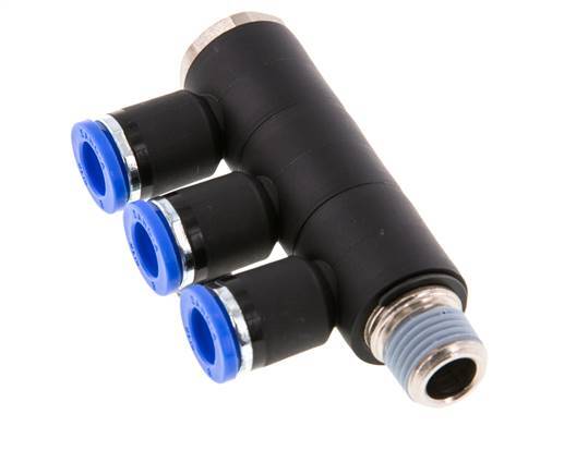 Racor rápido de 3 vías de 8 mm x R1/4'' con rosca macho Latón/PA 66 NBR Giratorio