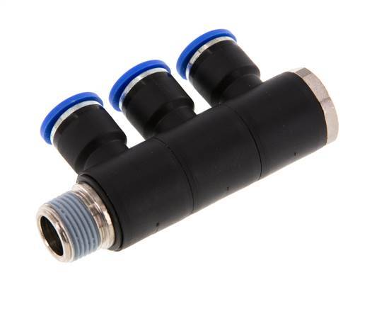 Racor rápido de 3 vías de 10 mm x R3/8'' con rosca macho Latón/PA 66 NBR Giratorio