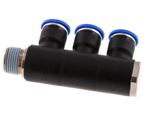 Racor rápido de 3 vías de 10 mm x R3/8'' con rosca macho Latón/PA 66 NBR Giratorio