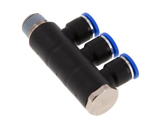 Racor rápido de 3 vías de 10 mm x R3/8'' con rosca macho Latón/PA 66 NBR Giratorio