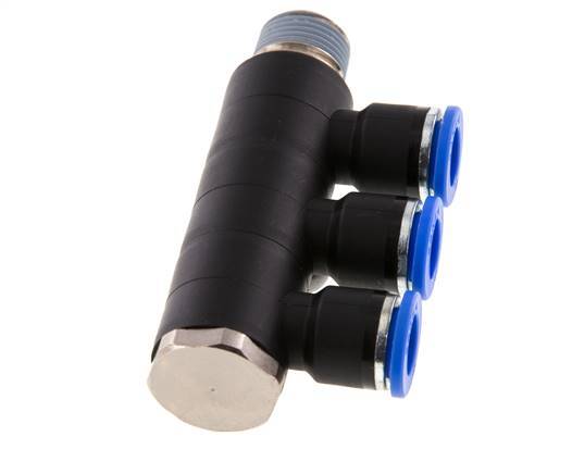 Racor rápido de 3 vías de 10 mm x R3/8'' con rosca macho Latón/PA 66 NBR Giratorio