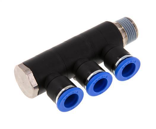 Racor rápido de 3 vías de 10 mm x R3/8'' con rosca macho Latón/PA 66 NBR Giratorio