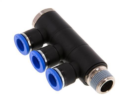 Racor rápido de 3 vías de 10 mm x R3/8'' con rosca macho Latón/PA 66 NBR Giratorio