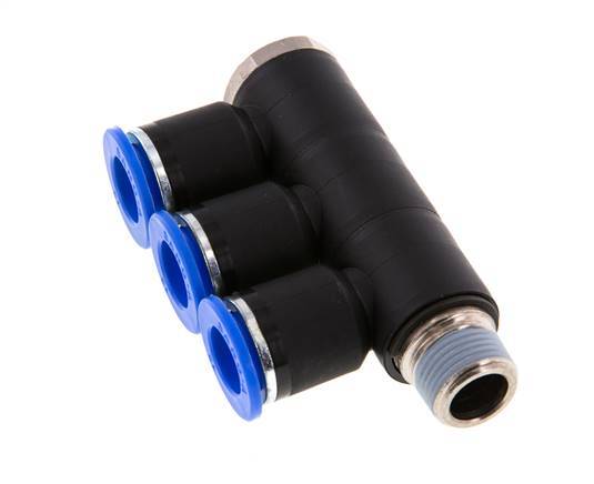Racor rápido de 3 vías 12mm x R3/8'' con rosca macho Latón/PA 66 NBR Giratorio