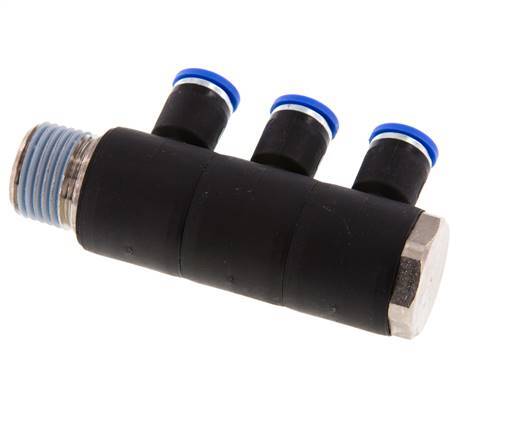 Racor rápido de 3 vías de 8 mm x R1/2'' con rosca macho Latón/PA 66 NBR Giratorio