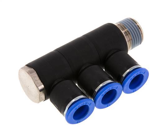Racor rápido de 3 vías de 12 mm x R1/2'' con rosca macho Latón/PA 66 NBR Giratorio