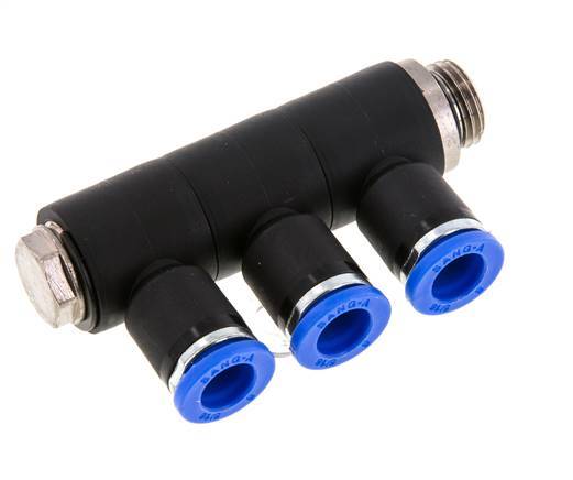 Racor rápido de 3 vías de 8 mm x G1/4'' con rosca macho Latón/PA 66 NBR Giratorio