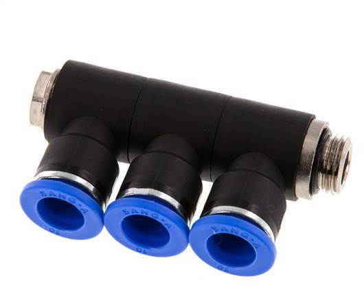 Racor rápido de 3 vías de 10 mm x G1/4'' con rosca macho Latón/PA 66 NBR Giratorio